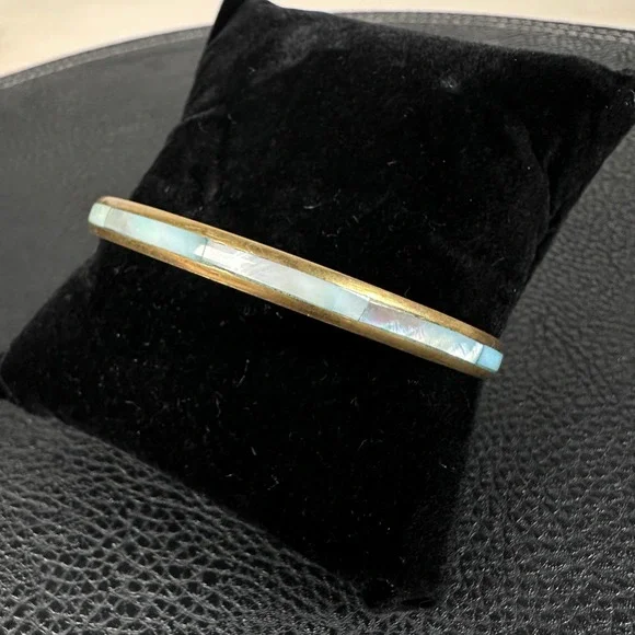 Vintage Brass Mother of Pearl Inlay Bangle Southwestern Boho Natural Shell - Picture 2 of 8